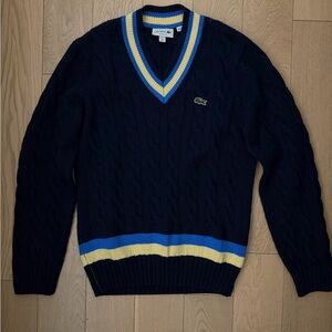 Lacoste Men's V-Neck Sweater in Navy with Blue and Yellow Stripes